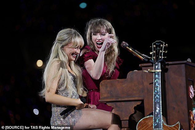 Taylor Swift (photo) gave her good friend and support act Sabrina Carpenter (left) a moment in the spotlight during her show in Sydney on Friday evening