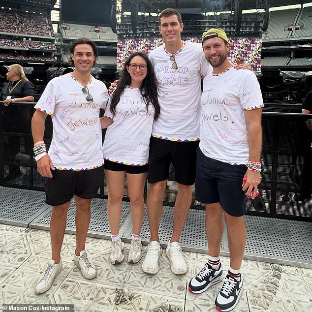 AFL star Mason Cox has asked fans to help him find Taylor Swift fans whose concert experience he may have ruined.  Pictured 2R