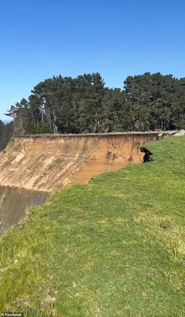 A huge chunk of land on the California coast slid into the ocean on Saturday, sending terrified onlookers running from the edge of the cliff