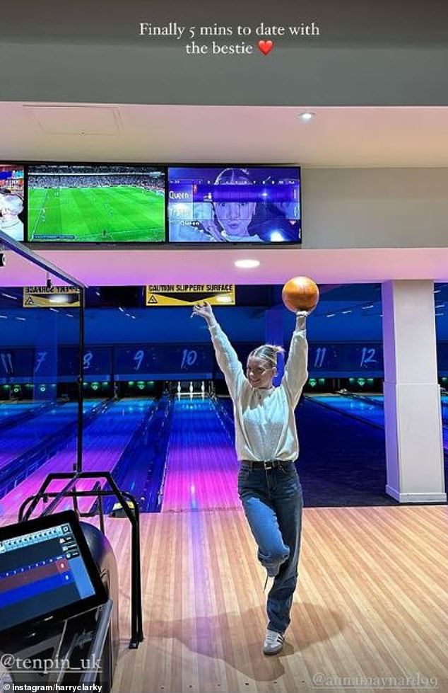 The Traitors winner Harry Clark shared an adorable photo of his girlfriend Anna Maynard bowling on Monday as he revealed he finally had 'five minutes' left to take her out