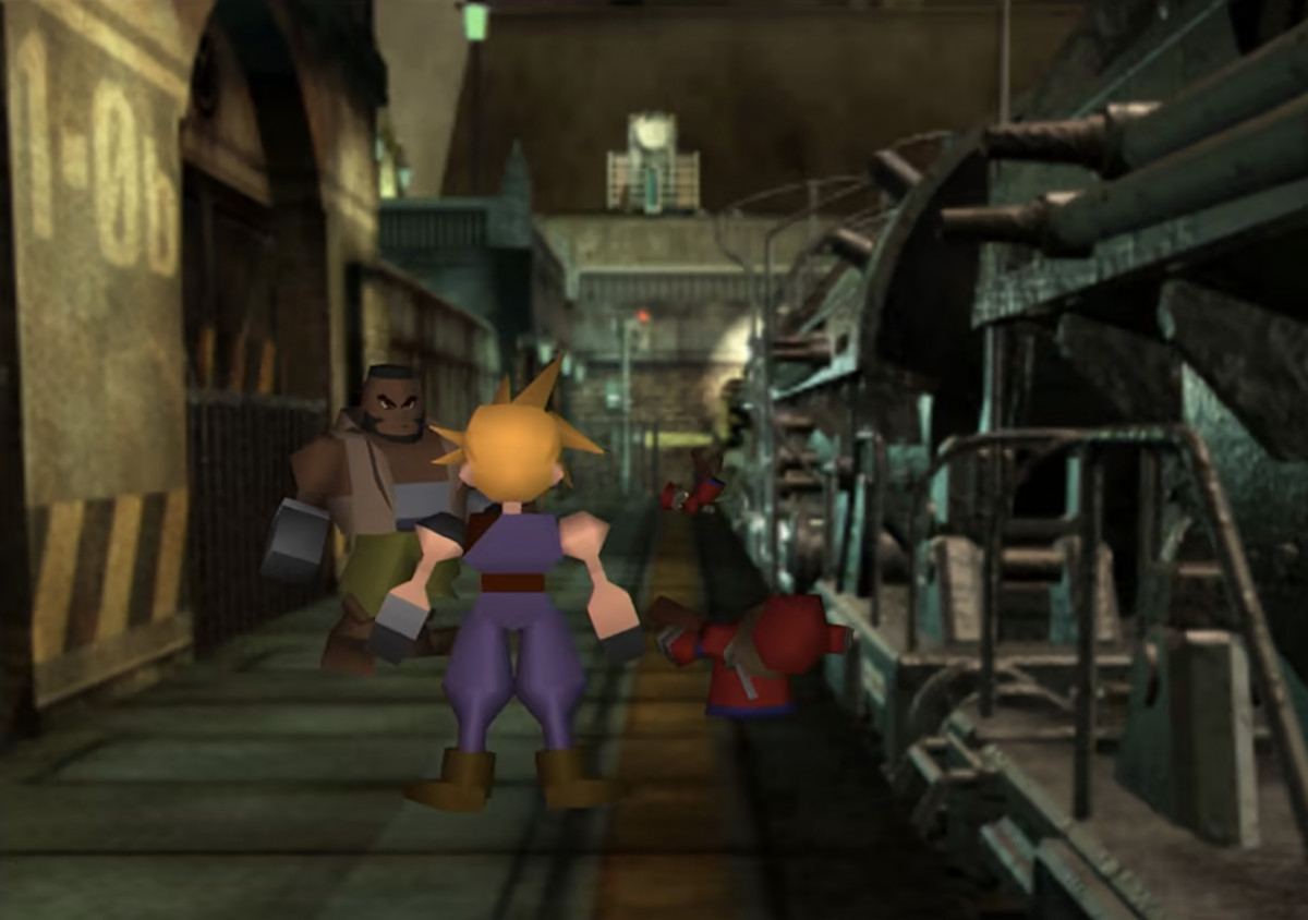 An image of the original Final Fantasy 7 game, ported to the Nintendo Switch.  It shows Cloud and Barret with the traditional PlayStation 1 graphics. 