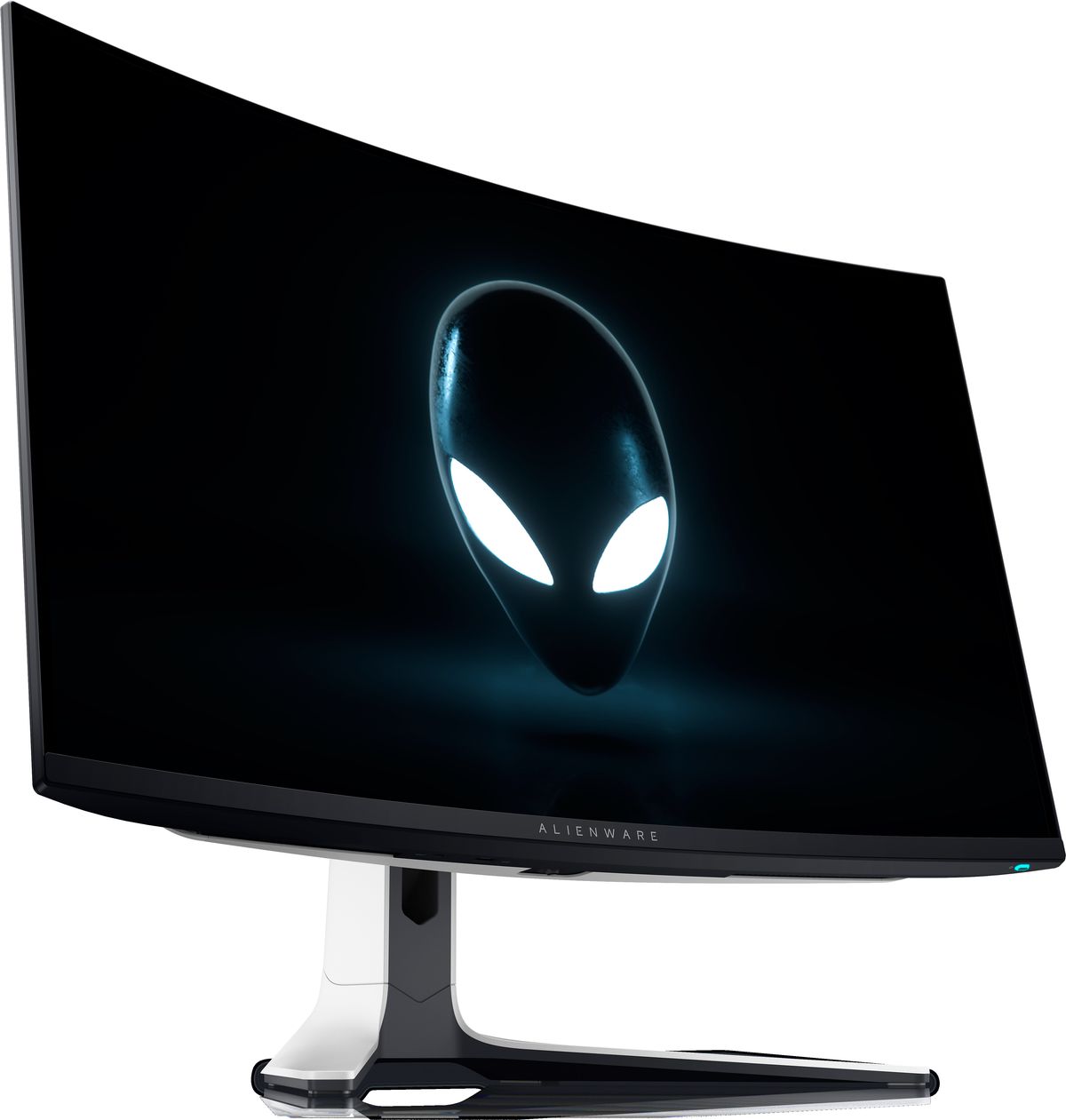 An image of the Alienware AW3225QF QD-OLED gaming monitor with the Alienware logo on the display.  The monitor is viewed from a diagonal angle at the front.