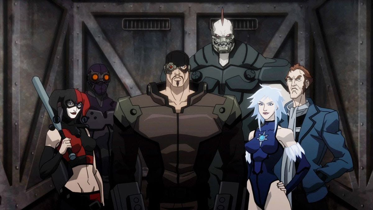 Six characters in different costumes stand in front of a pair of steel doors.