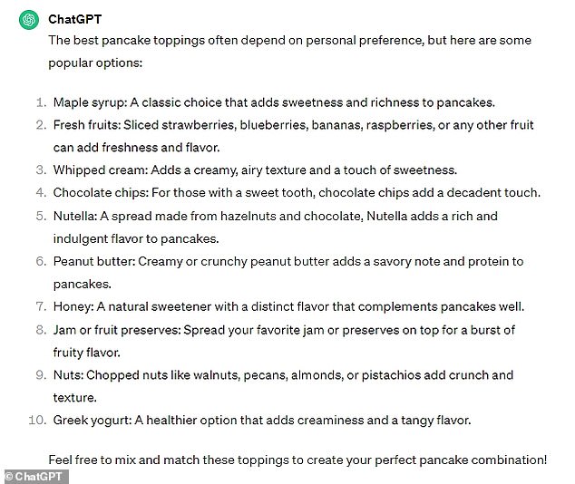 To celebrate this, we asked ChatGPT for the tastiest pancake toppings.  Within seconds, the AI ​​bot produced a list of 10 toppings, with the caveat that 'the best pancake toppings often depend on personal preference'