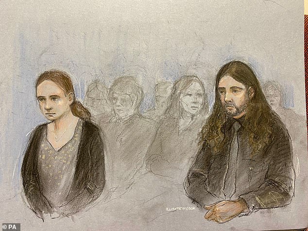 A court sketch shows Scarlett Jenkinson (left) next to Eddie Ratcliffe (right) during the sentencing hearing