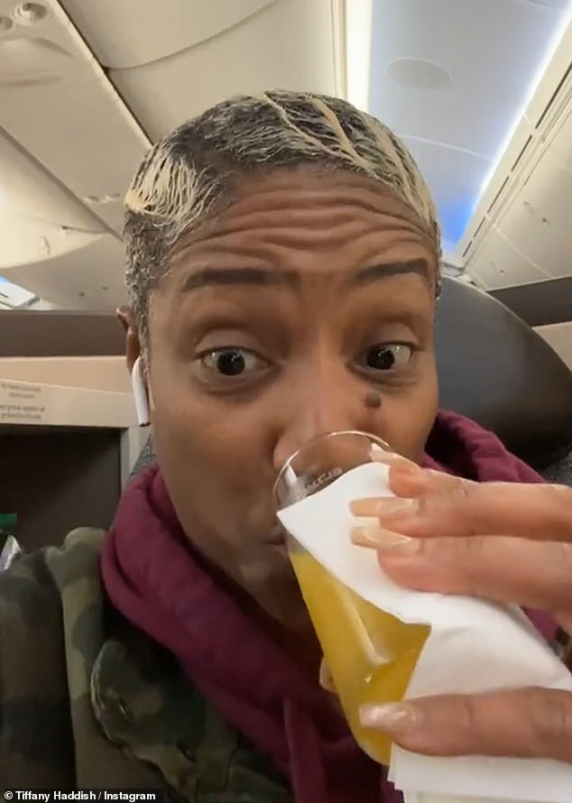 Haddish spoke to her more than 7.4 million followers on Instagram as she relaxed in business class and drank an orange juice