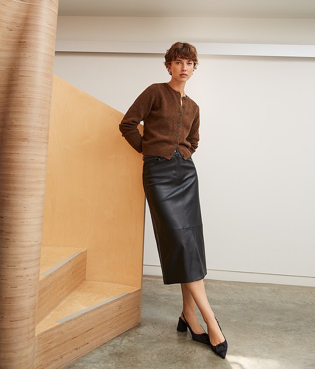 Recycled wool cardigan, now £83, and leather skirt, £429, baukjen.com