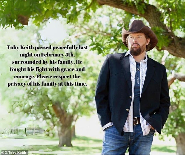 The message was posted on Toby Keith's social media pages on February 6