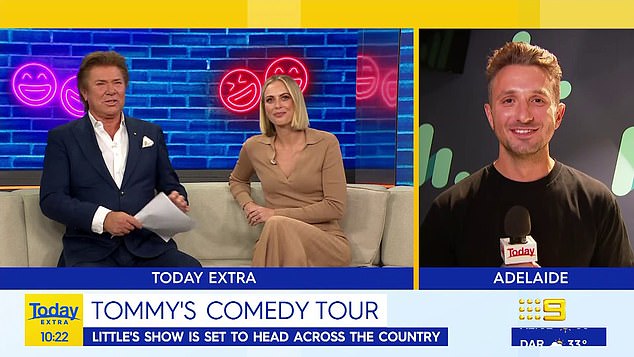 Tommy Little (right) was left speechless on Wednesday morning by Today Extra presenter Sylvia Jeffreys (centre) after she asked him an apparently racy question about his comedy show