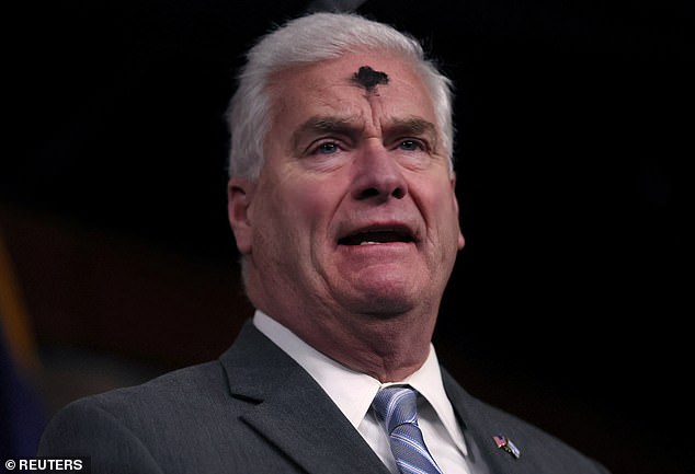 Republican House Whip Tom Emmer (pictured on Ash Wednesday) told DailyMail.com that President Joe Biden's border policies are responsible for the killing of nursing student Laken Riley, 22