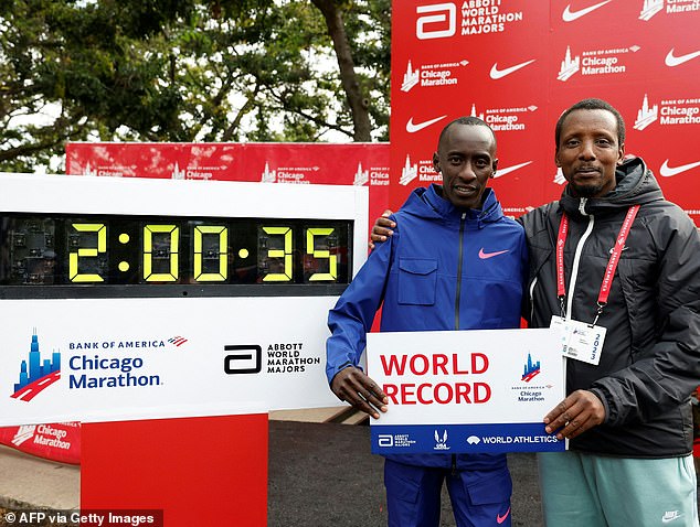 Kiptum lost control of his vehicle in his native Kenya, with his coach Gervais Hakizimana (right) and a female passenger also in the car, and hit a tree 60 meters from the main road.