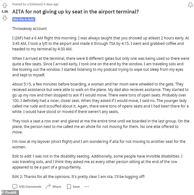 The unnamed passenger, believed to be from the US, took to Reddit's infamous r/AmItheA**hole forum to ask if she was wrong during the heated exchange