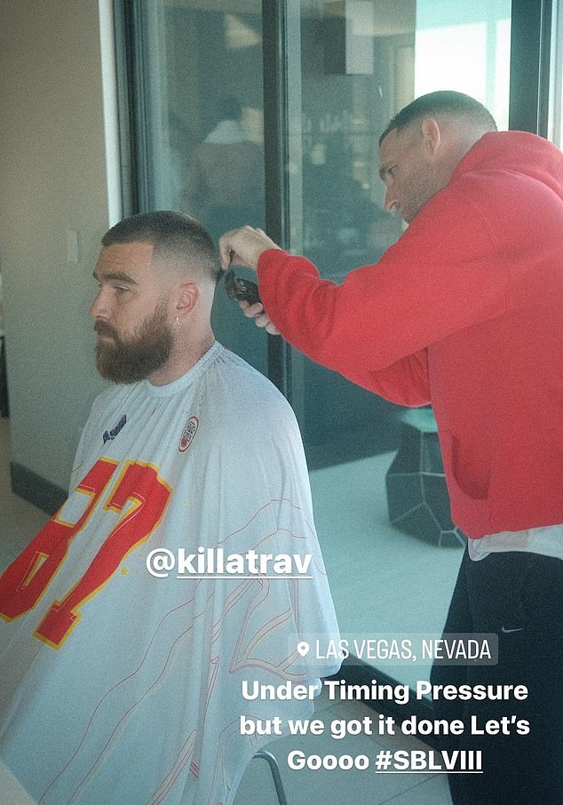 Travis Kelce's hairstylist posted a photo of the Chiefs star getting his pre-game haircut