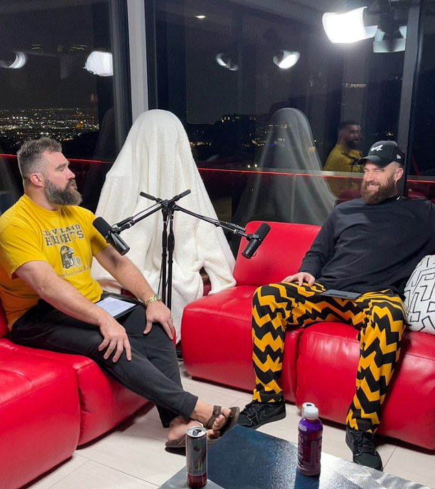 The Kelce brothers typically record “New Heights” from their home studios in various states