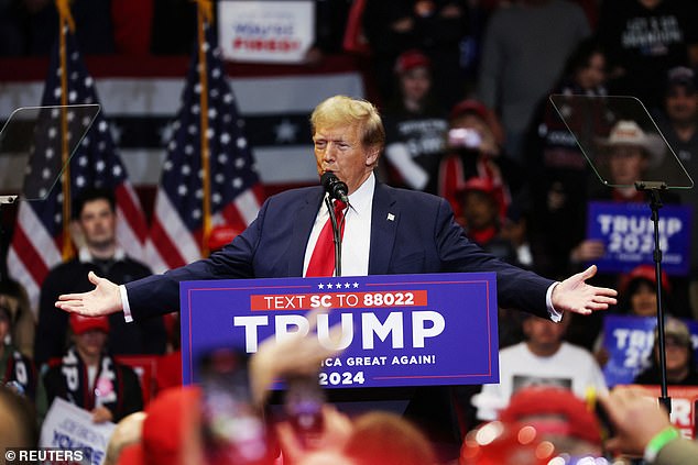 Former President Donald Trump rallied in Rock Hill, South Carolina on the heels of the state's Republican primary, where he leads his final rival, former state governor Nikki Haley, by nearly 30 points.