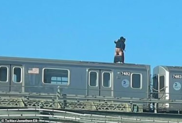 Two men enjoy an afternoon delight while having sex atop the 7 subway train around 1:20 p.m. Friday as it crosses the elevated tracks above the Van Wyck Expressway