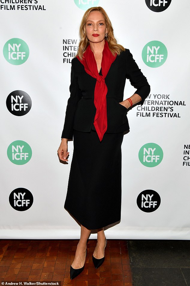 Uma Thurman, 53, showed off her chic sense of style as she appeared at the New York International Children's Film Festival Benefit in New York on Thursday