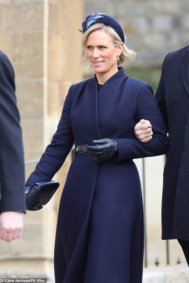 Zara Tindall arrived arm in arm with her rugby husband Mike at St George's Chapel to attend the memorial service for King Constantine of Greece