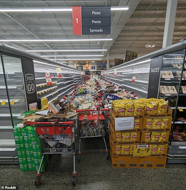 Shoppers at Coles in Victoria are shocked to see aisles full of discarded frozen food (pictured) after wild storms devastated the state on Tuesday, causing power outages