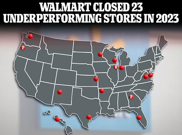Walmart closed 23 stores in the US last year, including eight in Illinois.  One Supercenter is expected to reopen as a neighborhood market in Atlanta, but will remain marked on the map