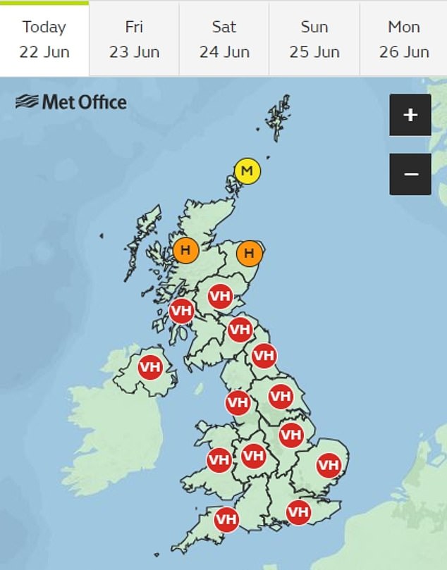 The Met Office has not yet launched its annual monitoring forecast for pollen counts because it is too early.  Pictured: The Met Office forecast of June 22, 2023, in which the agency warned of 'very high' pollen levels