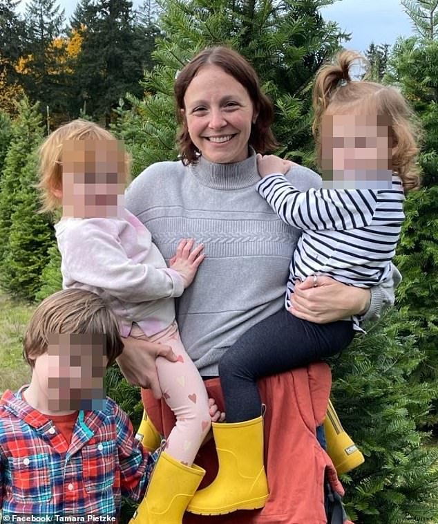 Tamara Pietzke, 36, is pictured with her own children.  She resigned after painful, frustrating instances in which she was reprimanded by her superiors for not promptly acceding to children's requests for puberty blockers and gender reassignment surgery.