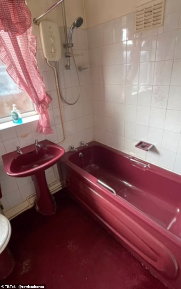 Truly a blast from the past, the couple discovered that their 1960s-style maroon bathroom had carpeted floors.