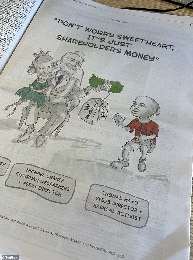 Advance was forced to deny allegations that this Voice No vote newspaper ad was a racist depiction of Yes23 activist Thomas Mayo