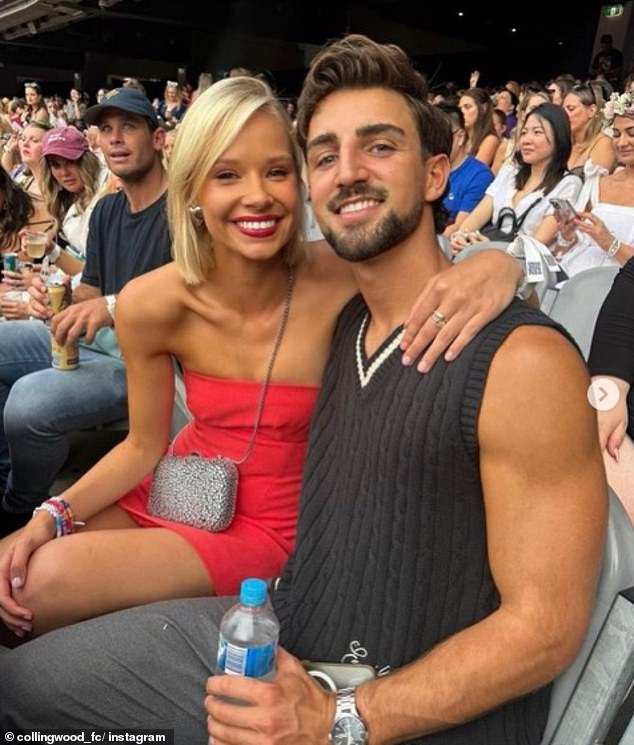 Collingwood posted this photo of Daicos and his girlfriend Annalize Dalins enjoying Swift's MCG concert - with Geelong star Tom Hawkins drinking two beers in the background (photo left of Dallins)