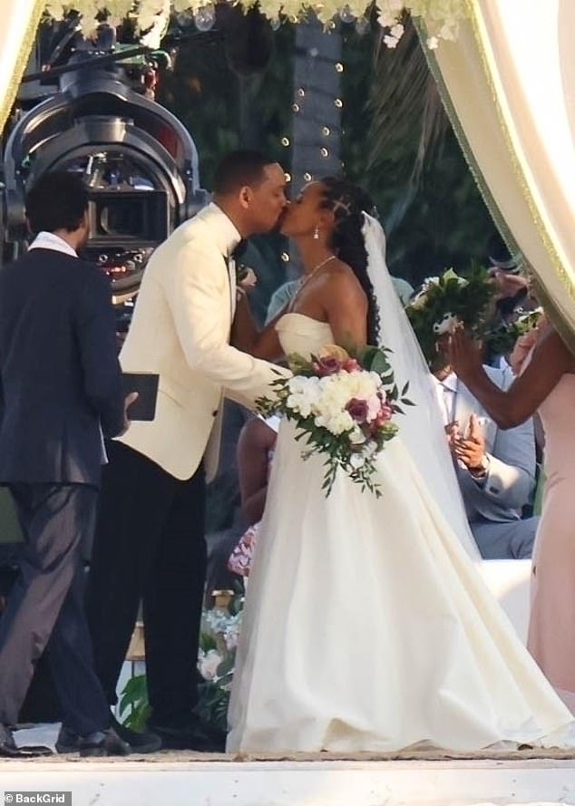 Will Smith kissed his leading lady Melanie Liburd while filming a wedding scene on the Miami set of Bad Boys 4 on Saturday