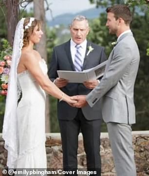 The photo shows the bridal couple on their wedding day.  Two weeks before the wedding, Ian's eye was removed because the radiation treatment was ineffective