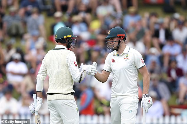 Hazlewood (left) put on 22 runs off 62 balls for a record 10th wicket partnership against the Black Caps