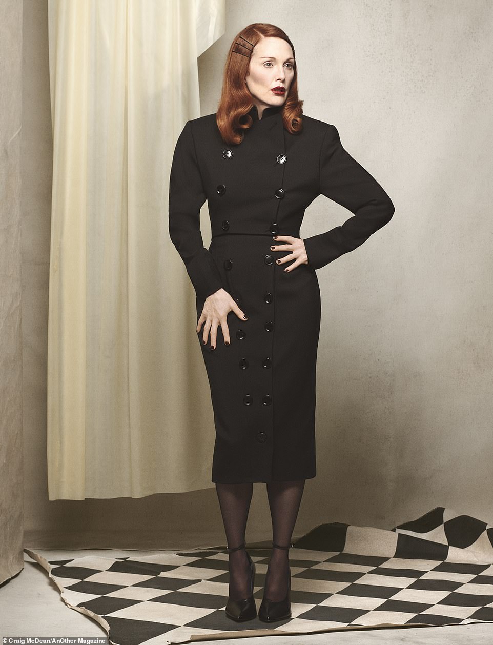 In another photo, Julianne wears a wool gabardine jacket and dress by Alaia that could have stepped straight out of a detective agency into a film noir movie.