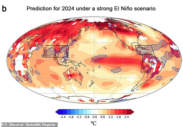 This map shows the variation from the average in a strong El Niño scenario.  In this case, the areas of Alaska and the Amazon will also see record-breaking temperature spikes this year (record-breaking areas shown with blue dots)