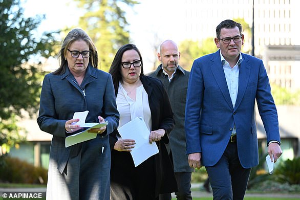 From left to right are Victorian Deputy Premier Jacinta Allan, Regional Development Minister Harriet Shing, Victoria 2026 Commonwealth Games Organizing Committee CEO Jeroen Weimar and Premier Daniel Andrews, pictured on Tuesday, July 18, 2023