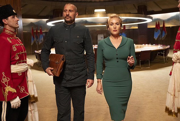 Winslet plays the crackers dictator of an imaginary Central European state, who has an affair with her soldier-bodyguard Zubak, played by Belgian actor Matthias Schoenaerts (pictured center left), in the six-part show