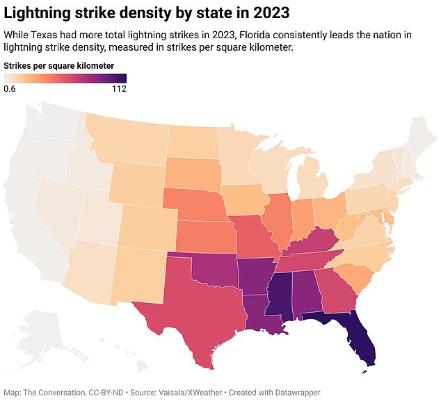 The new map revealed that lightning strikes are densest around the Gulf Coast and Southern Plains, while the western US has fewer lightning strikes