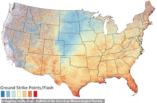 Their work found that in some parts of the country lightning flashes are more likely to hit the ground at multiple points than others, but most of the US has a ratio of between 1.4 and 1.8 ground lightning strikes per flash (ratio mapped above brought)