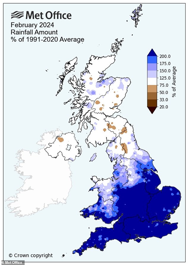 The south of England also experienced its wettest February on record, with many parts receiving more than twice the average rainfall