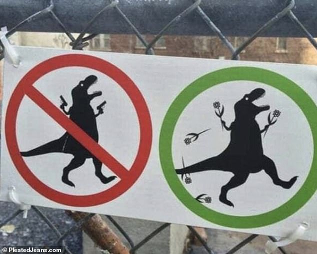 Even more confusing signage appeared to show a dinosaur who is not allowed to carry a weapon, but is allowed to carry flowers