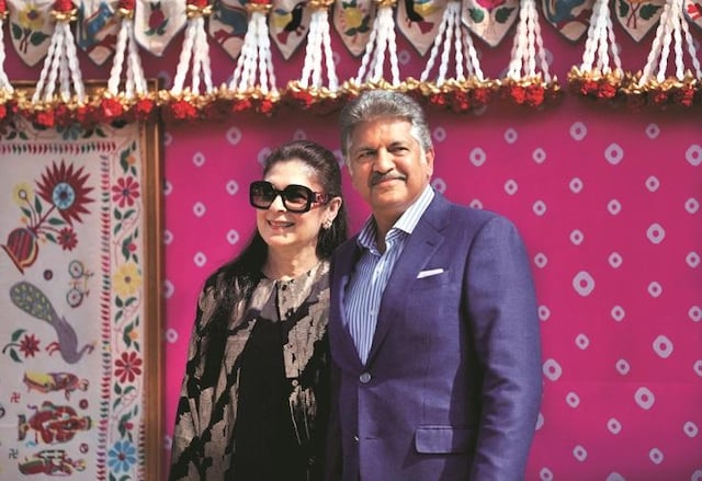 Anand Mahindra, chairman of Mahindra Group, with wife Anuradha Mahindra in Jamnagar on Friday Photo: Reuters