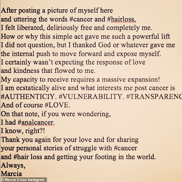 'I live ecstatically and what interests me after cancer is #AUTHENTICITY.  #VULNERABILITY.  #TRANSPARENCY.  And of course #LOVE,” she wrote