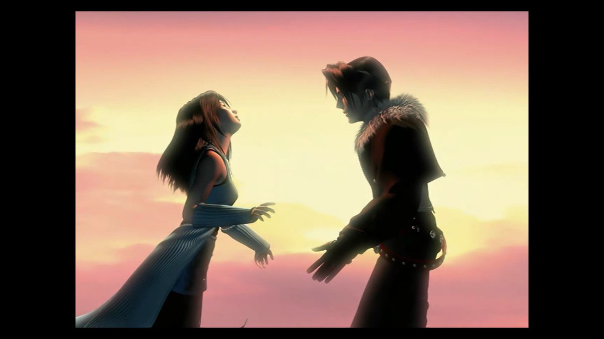 Squall and Rinoa approach each other against a sunset for a hug in this screenshot from Final Fantasy 8 Remastered