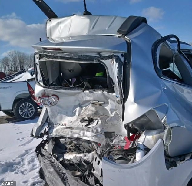 A photo of the wreckage from the Feb. 4 crash that left Ariel Young, then 5, in a coma