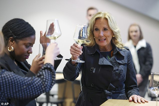 After her event in Atlanta, Jill Biden stopped by a wine story in Atlanta, where she sampled the goods and bought a bottle of red and a bottle of white.