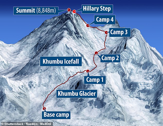 Mount Everest split into sections.  Trekkers usually stay at the base camp for a few days to acclimatize to the altitude and prevent altitude sickness