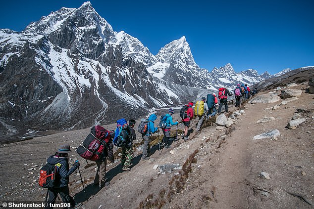 A group of trekkers on their way to Everest base camp