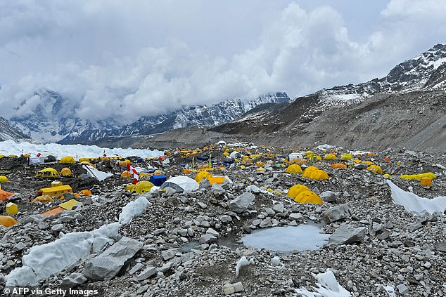 Mountaineers' tents are pictured at the Everest base camp in 2021. Under the new rules, helicopters are only allowed for the rescue of injured climbers and for the emergency evacuation of people suffering from altitude sickness