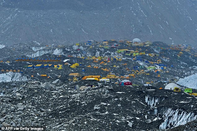 Expedition tents at the Everest base camp in the Mount Everest region of Solukhumbu in 2021