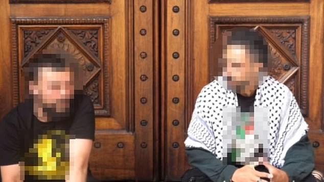 Two men who were part of the alleged City Hall attack have been filmed at another protest outside Victoria's Parliament House